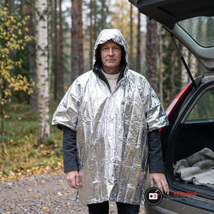 Nödponcho i Mylar, Vattentät och Termisk för Regn och Kyla vid Bilhaveri och Utflykt, Med Huva