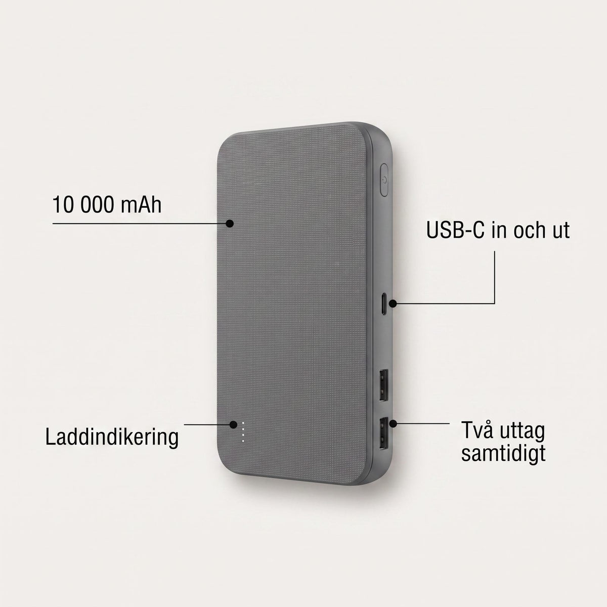Powerbank 10 000 mAh med USB-C och Snabbladdning för Mobil och Pannlampa vid Strömavbrott