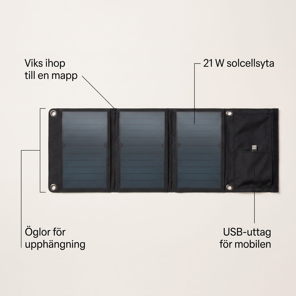 Hopfällbar Solpanel 21 W med USB för Laddning av Mobil och Powerbank Utan El, Väderskyddad
