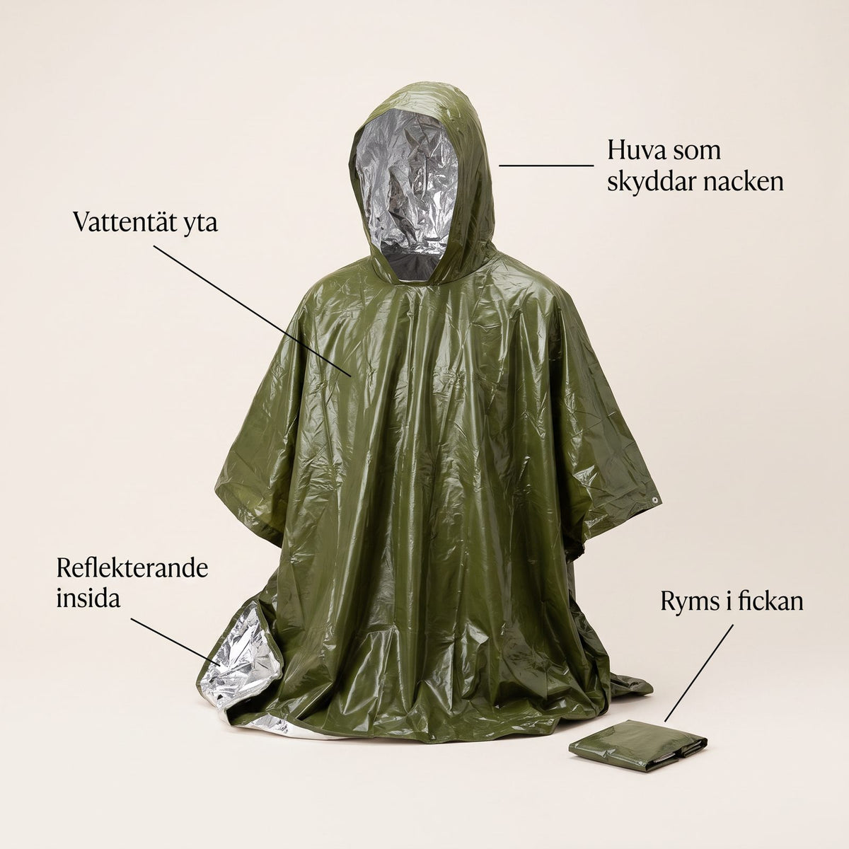 Nödponcho i Mylar, Vattentät och Termisk för Regn och Kyla vid Bilhaveri och Utflykt, Med Huva