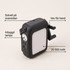 Powerbank med Vev och Solcell för Laddning utan Eluttag i Stugan och på Vägen, 20 000 mAh
