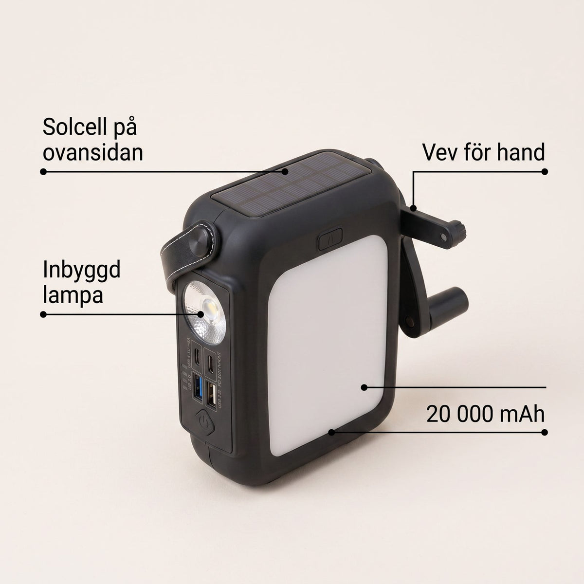 Powerbank med Vev och Solcell för Laddning utan Eluttag i Stugan och på Vägen, 20 000 mAh