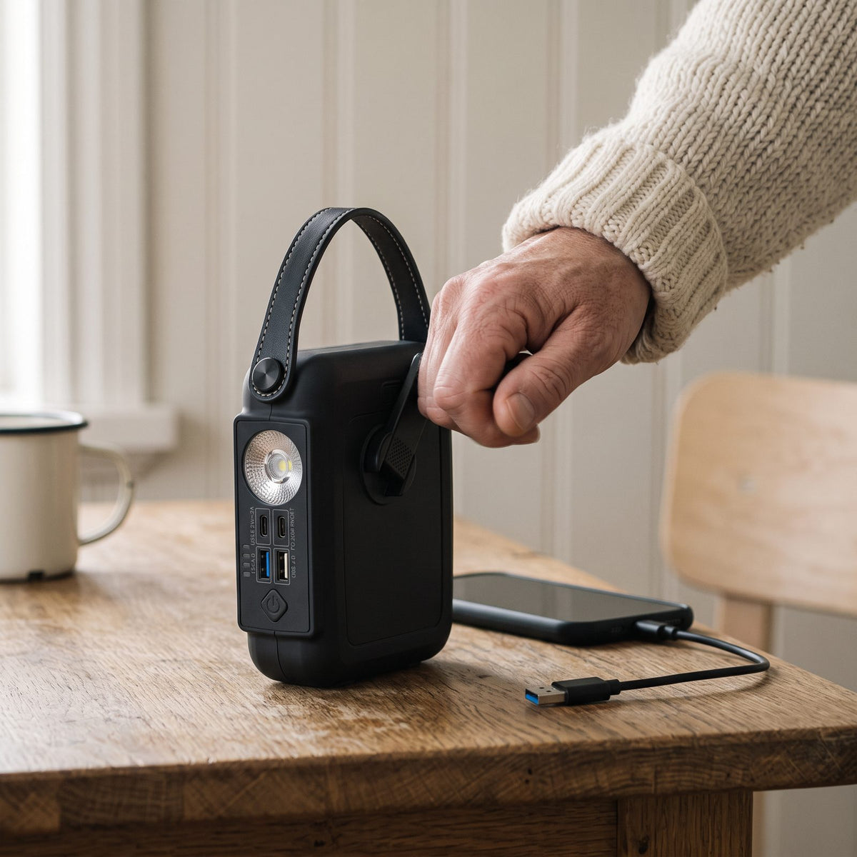 Powerbank med Vev och Solcell för Laddning utan Eluttag i Stugan och på Vägen, 20 000 mAh