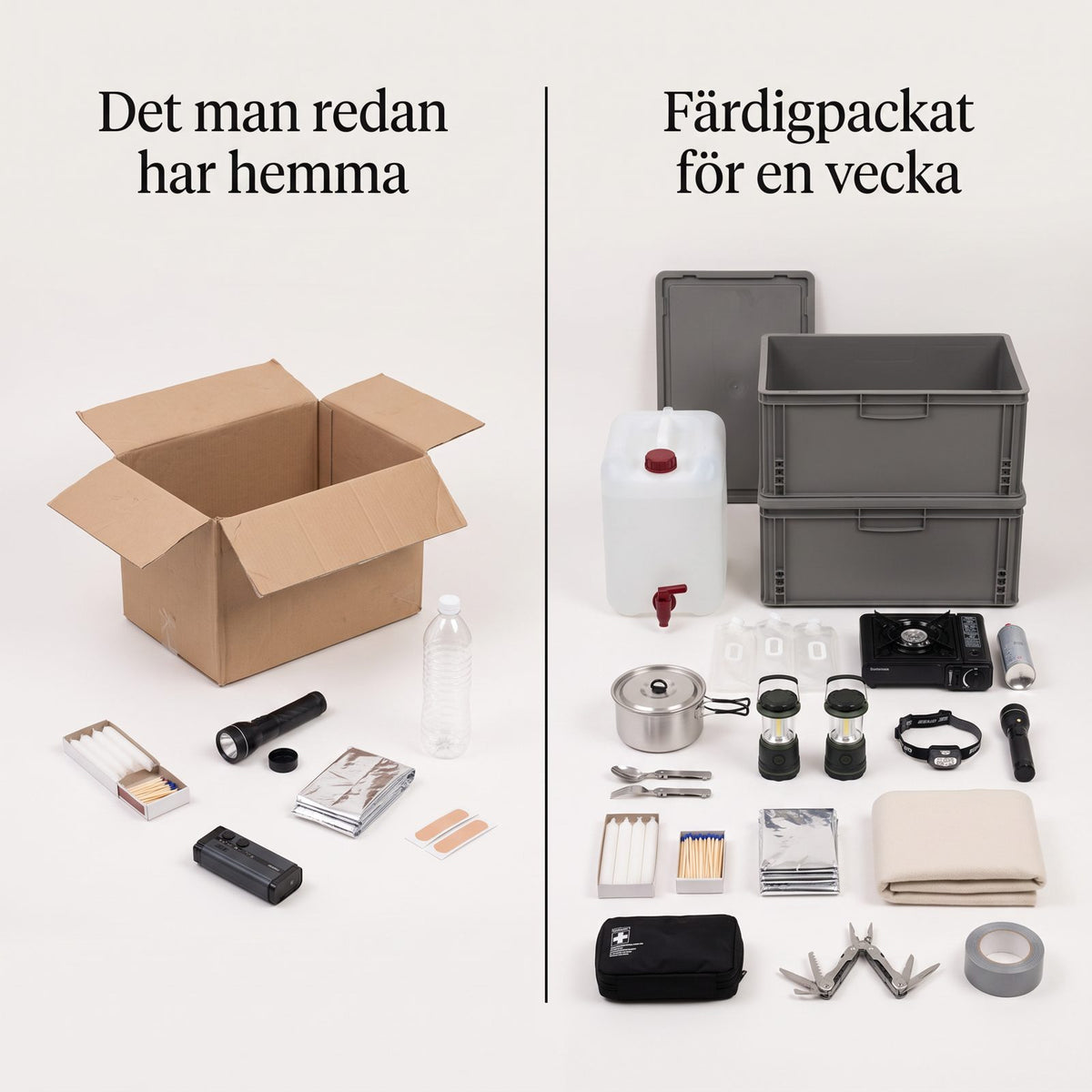 Beredskapslåda för Hela Hushållet i En Vecka med Ljus, Värme, Vatten och Matlagning utan El, Färdigpackad