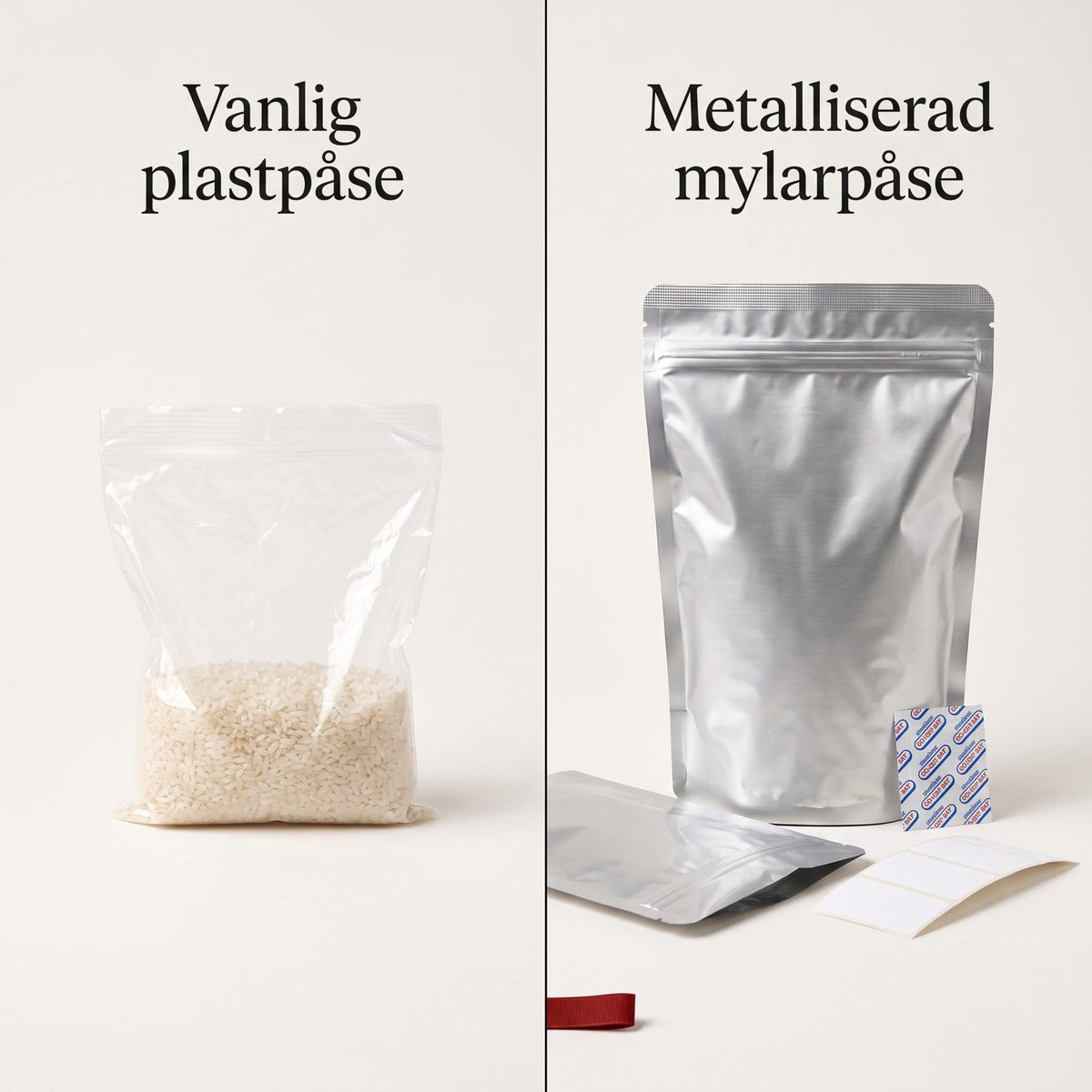 Mylarpåsar med Syreabsorbenter och Etiketter för Långtidsförvaring av Ris, Pasta och Torrvaror, Komplett Kit