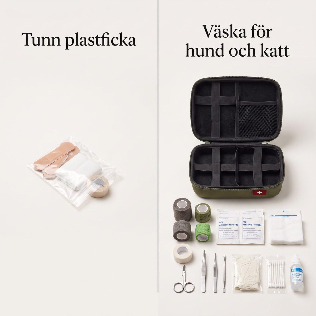 Första Hjälpen-kit för Hund och Katt med Bandage, Fästingverktyg och Väska för Promenad, Bil och Sommarstuga