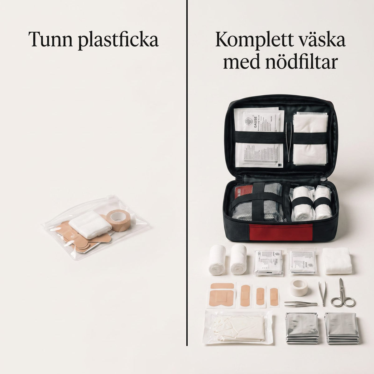 Första Hjälpen-kit Premium med Nödfiltar och Väska för Hemmet, Bilen och Utflykten, Komplett Innehåll