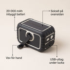 Powerbank med Vev och Solcell för Laddning utan Eluttag i Stugan och på Vägen, 20 000 mAh