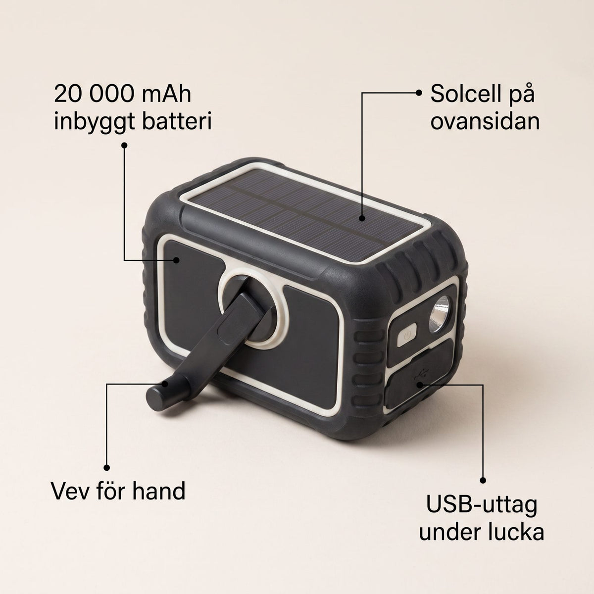 Powerbank med Vev och Solcell för Laddning utan Eluttag i Stugan och på Vägen, 20 000 mAh