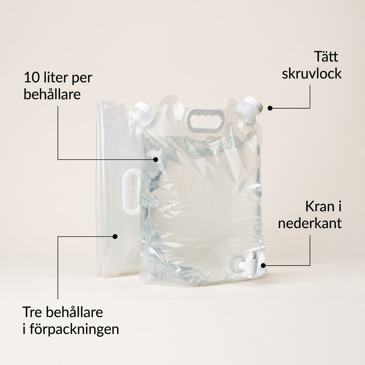 Hopfällbara Vattenbehållare 10 Liter med Kran för Förvaring och Transport, 3-pack