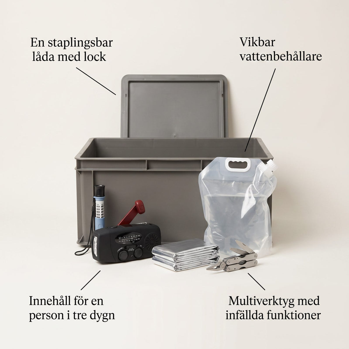 Krislåda Bas med Ljus, Värme och Vattenförvaring för En Person i Tre Dygn, Färdigpackad i Hallskåpet