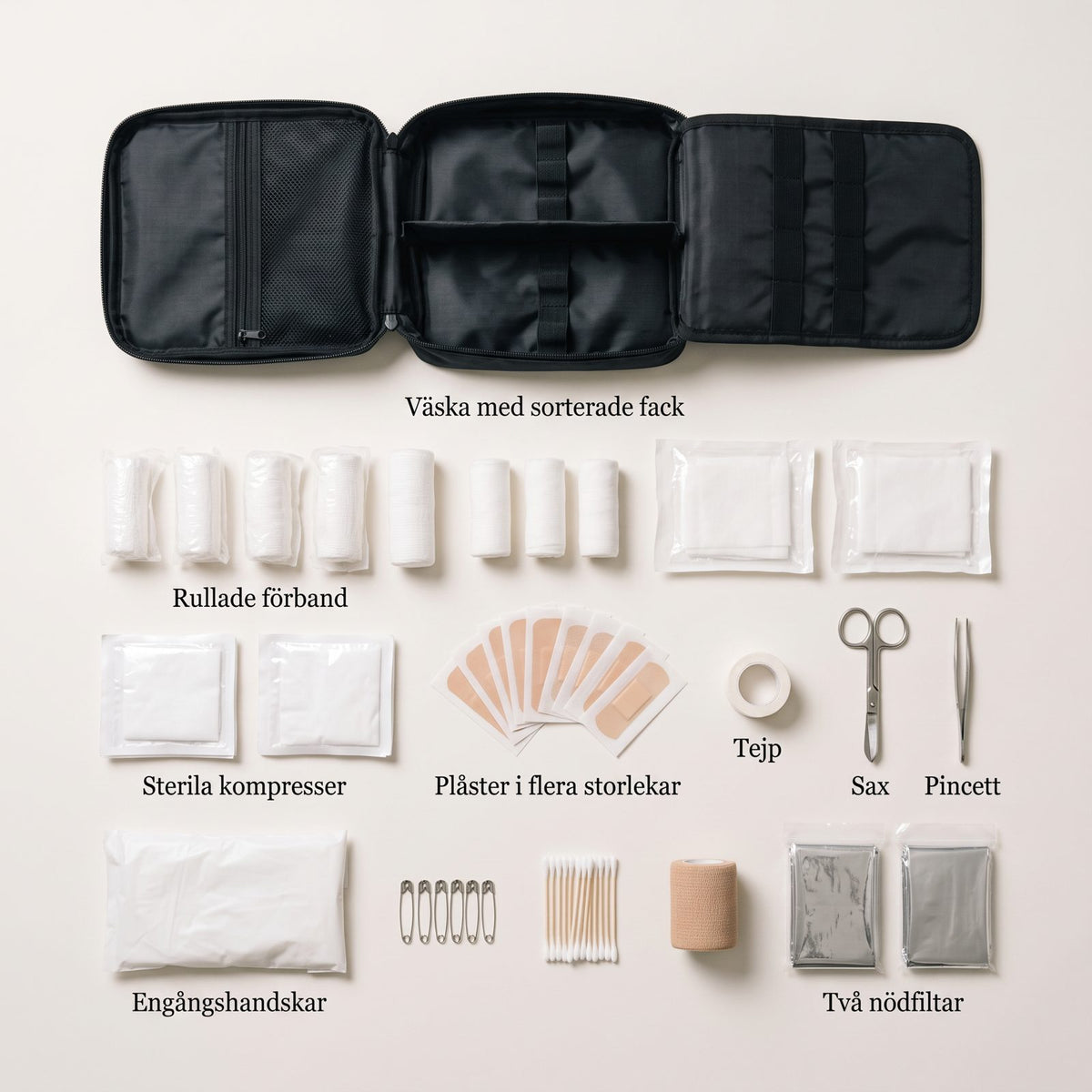 Första Hjälpen-kit Premium med Nödfiltar och Väska för Hemmet, Bilen och Utflykten, Komplett Innehåll