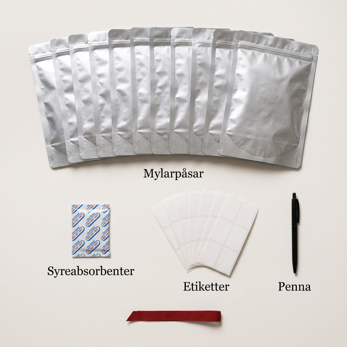 Mylarpåsar med Syreabsorbenter och Etiketter för Långtidsförvaring av Ris, Pasta och Torrvaror, Komplett Kit