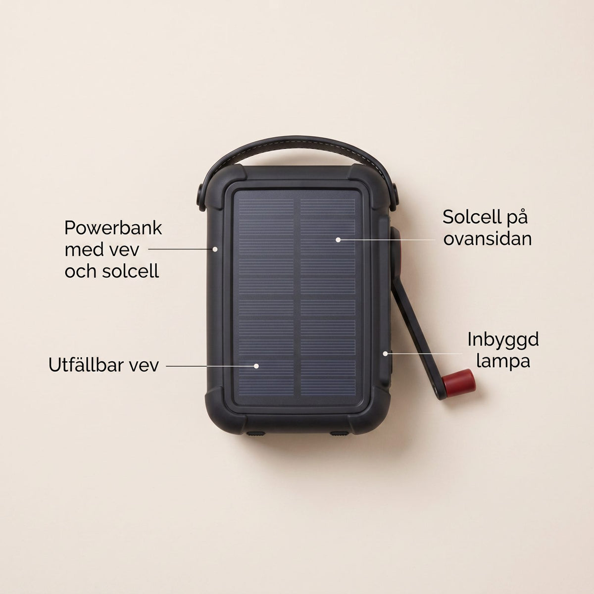 Powerbank med Vev och Solcell för Laddning utan Eluttag i Stugan och på Vägen, 20 000 mAh