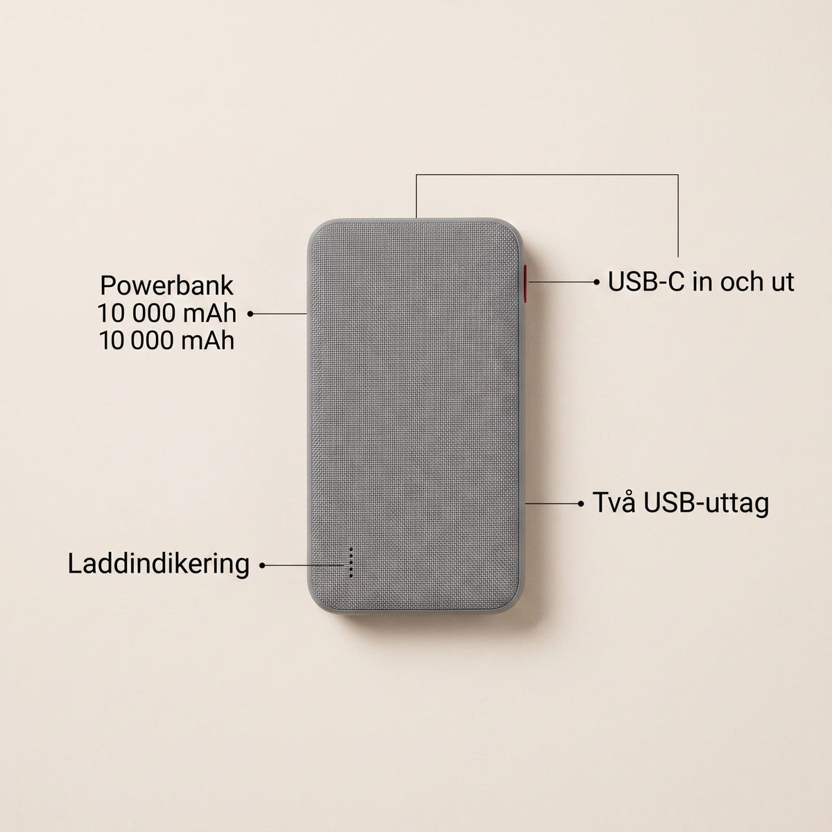 Powerbank 10 000 mAh med USB-C och Snabbladdning för Mobil och Pannlampa vid Strömavbrott
