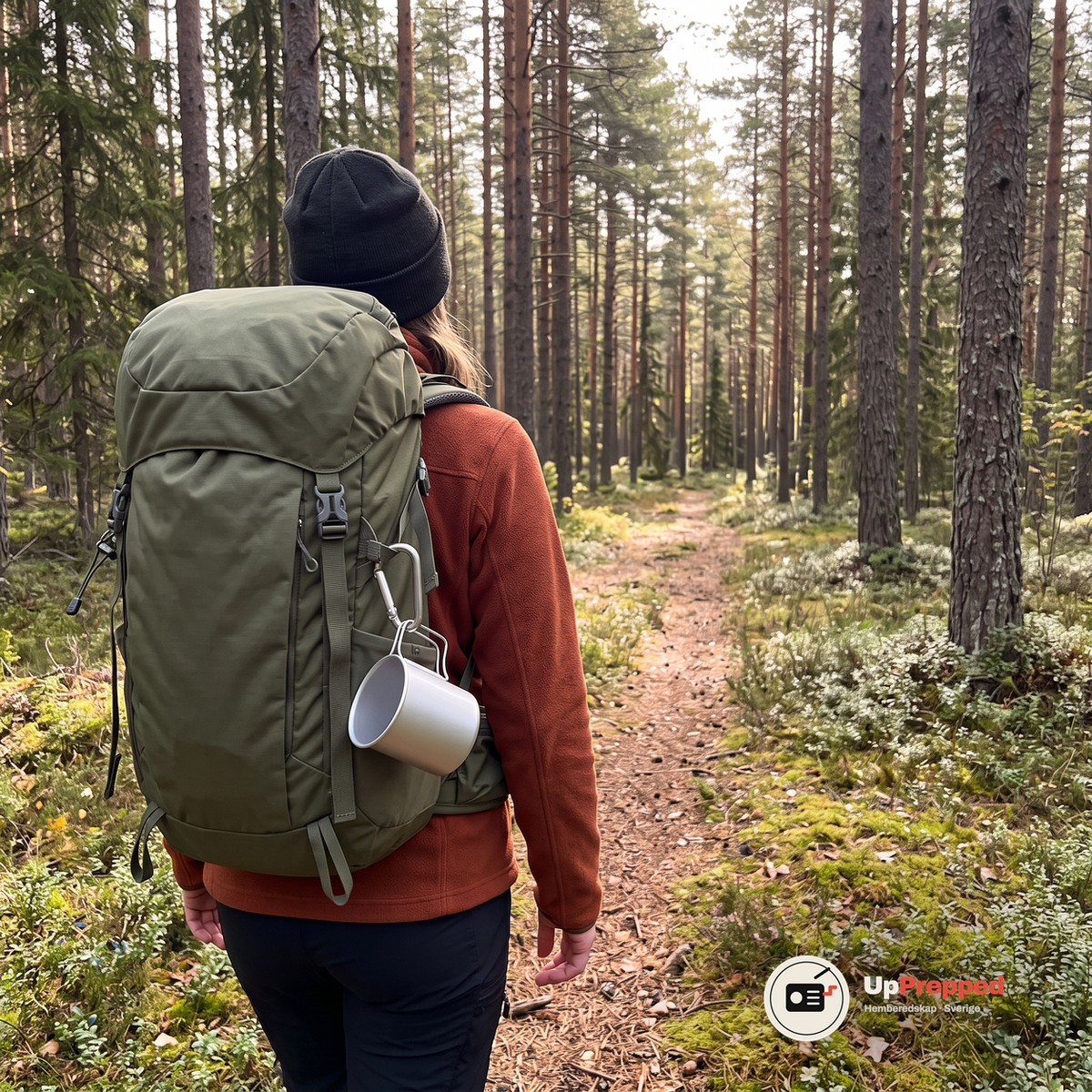 Kvinna går på en stig i tallskog med en silverfärgad aluminiummugg hängande i en karbinhake på ryggsäckens sida