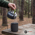 Hand som häller hett vatten från en liten kokkanna ner i en mörkgrå aluminiummugg på ett slitet träbord i tallskog