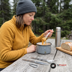 Kvinna äter pasta med gaffeln vid ett grått träbord i skogskanten, kniv, sked och karbinhake ligger på bordet