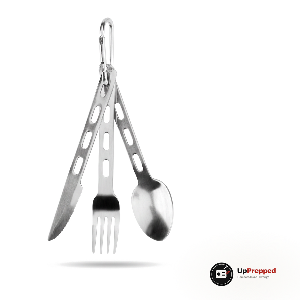 Bestickset med kniv, gaffel och sked på karbinhake, packshot