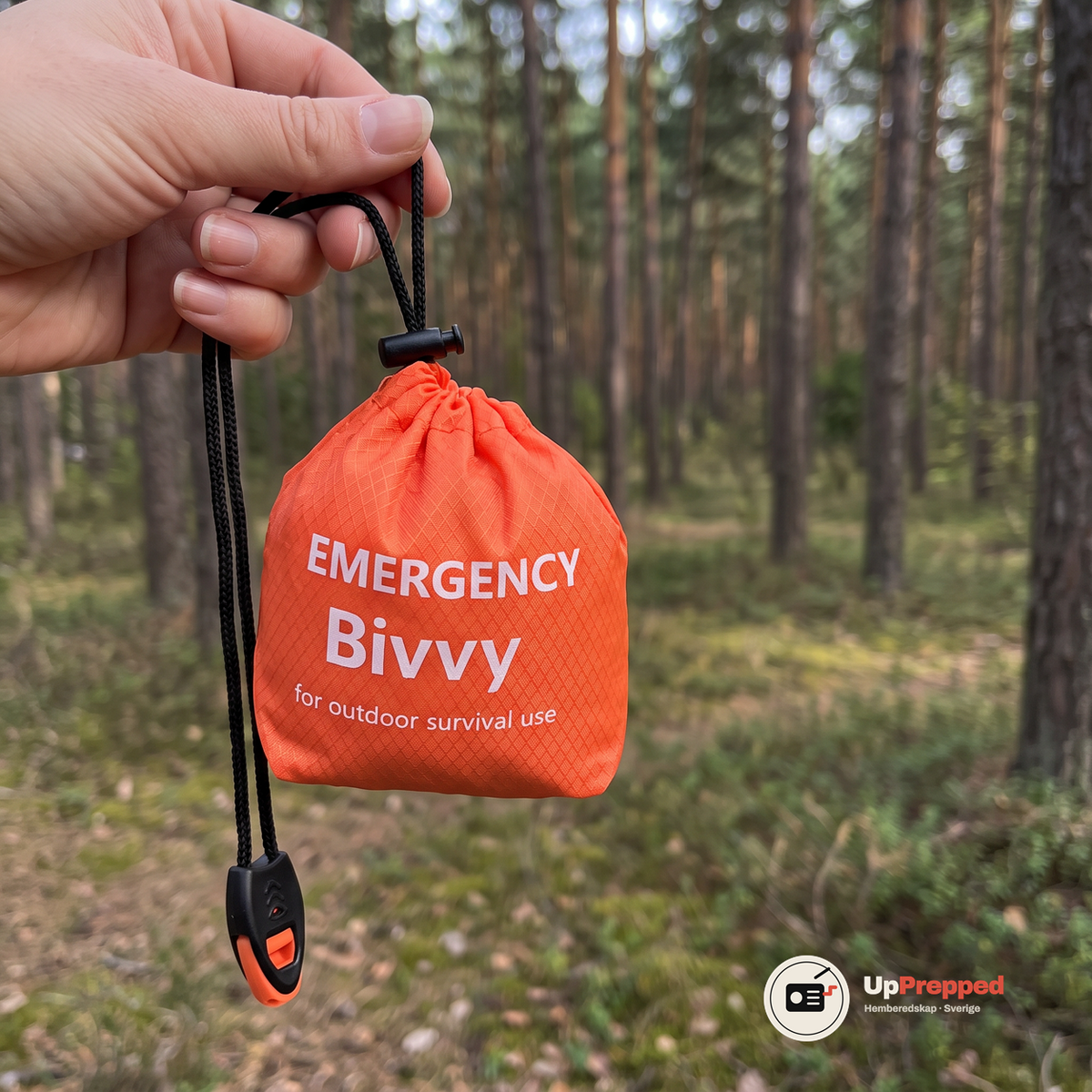 Hand som håller den orange förvaringspåsen i dragsnöret så att den svartorange visselpipan hänger fritt framför en tallskog