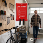 Brandfiltspåsen hänger på en krok på väggen i ett garage bredvid verktyg och cykel medan en man med verktygslåda går förbi