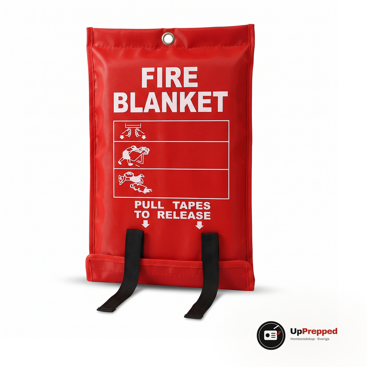 Brandfilt 120 x 120 cm, röd förvaringspåse med dragband, packshot