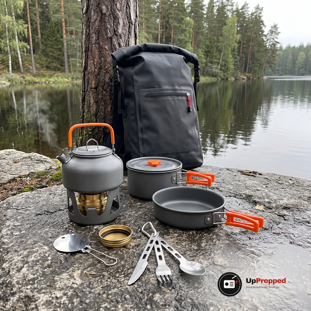 Vattenkokaren står på spritbrännaren med ånga på en granitklippa vid en skogssjö, med kastrull, stekpanna och bestick bredvid och den svarta ryggsäcken bakom