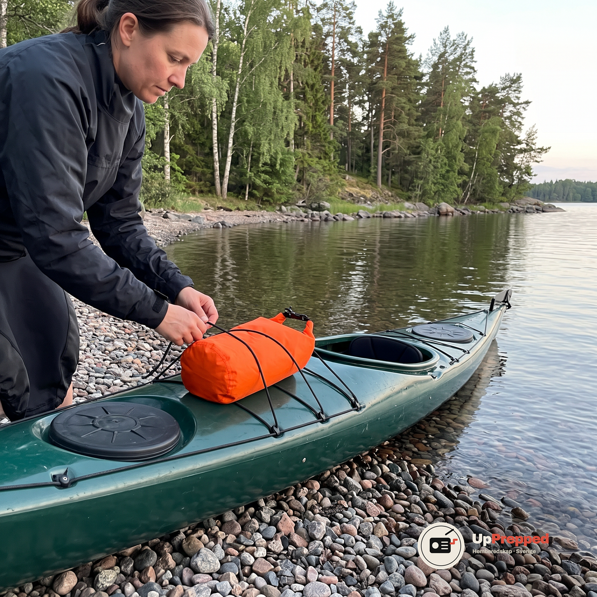 Kvinna justerar elastiska snören över en orange drybag på fördäcket av en grön havskajak på en strand