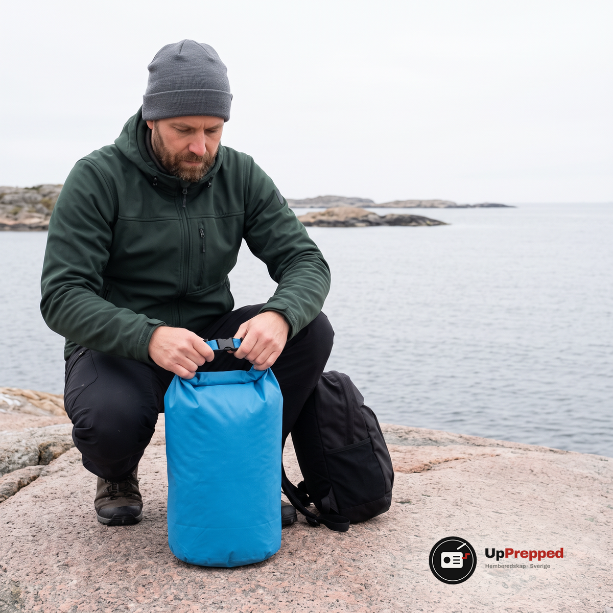 Man i grön softshelljacka rullar ihop toppen på en blå drybag på en granithäll vid havet, en liten ryggsäck står bredvid