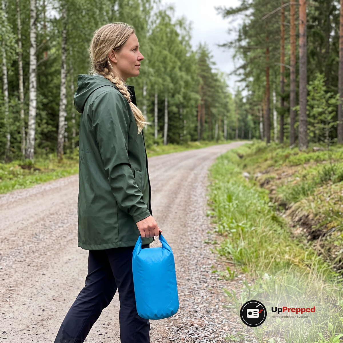 Kvinna i grön regnjacka bär en blå drybag i öglan längs en grusväg i skogen