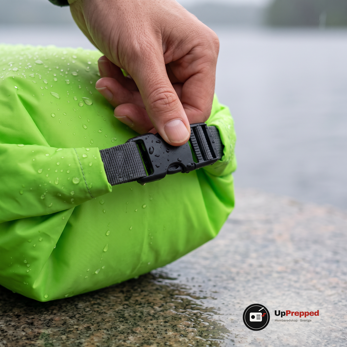 Närbild på spännet och den hoprullade toppen på en grön drybag med regndroppar på en våt granithäll vid en sjö