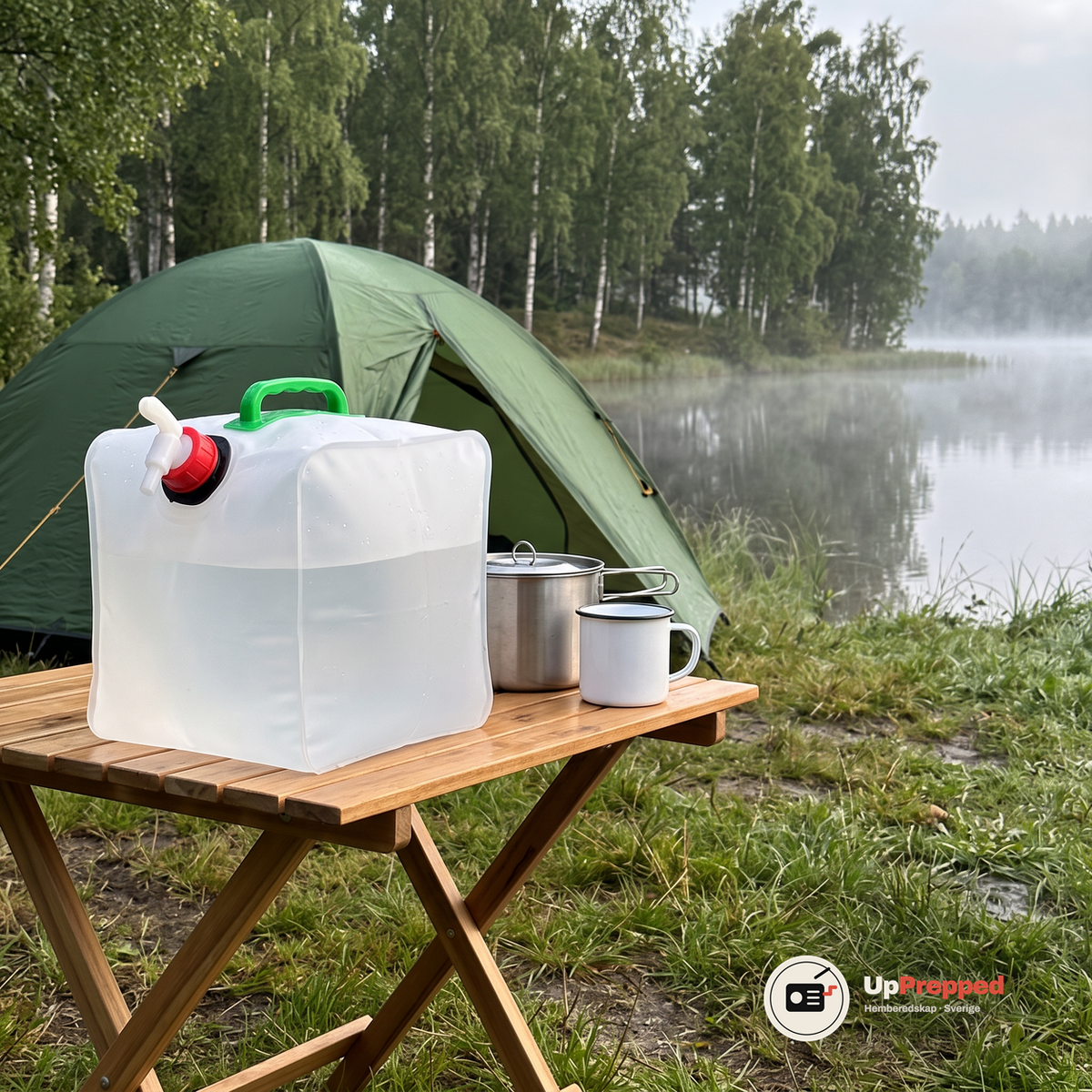 Vattenfylld dunk på ett fällbart träbord vid ett grönt tält och en sjö i morgondimma, bredvid en kastrull och en emaljmugg