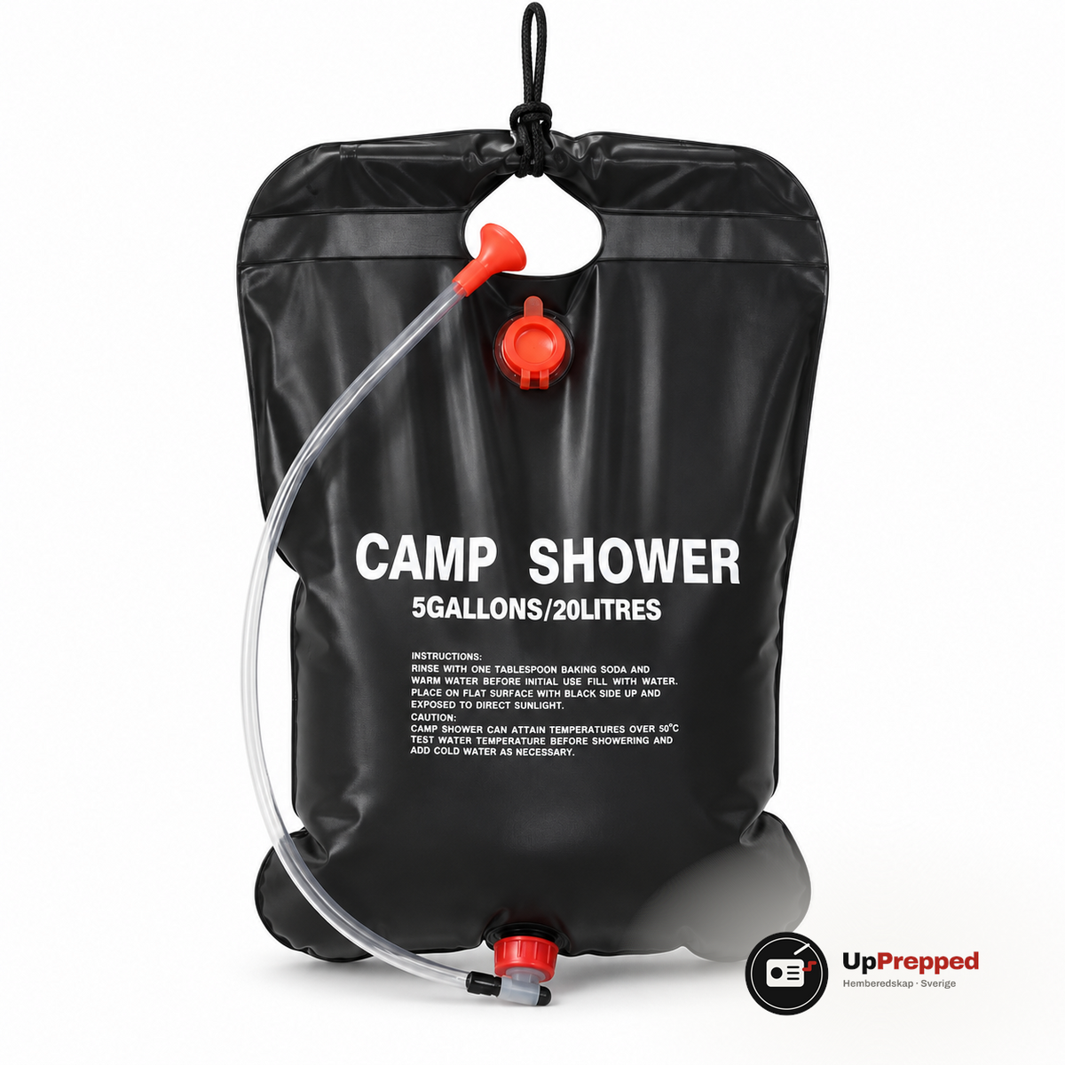 Svart campingdusch 20 liter med slang och rött duschhuvud, packshot