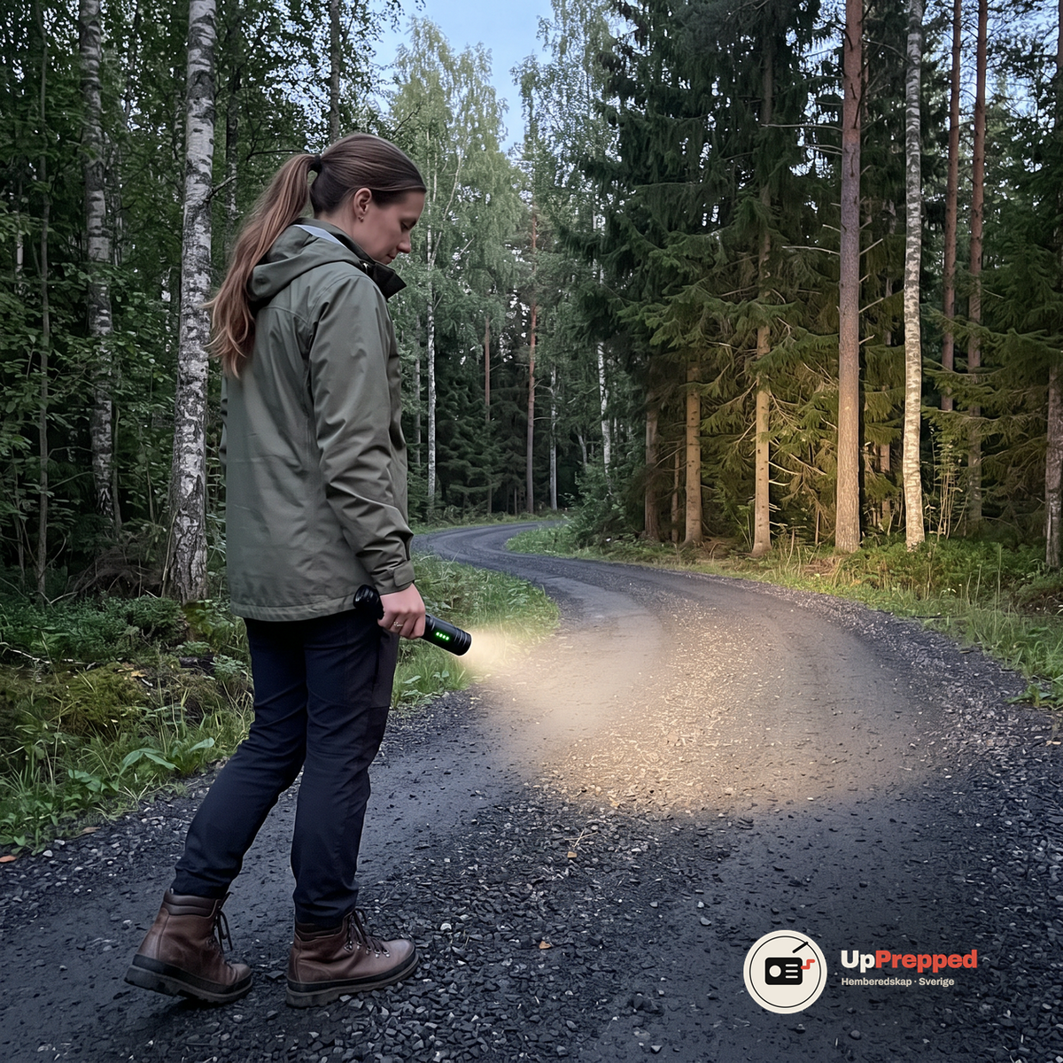 Kvinna går på en grusväg i skogen med tänd ficklampa riktad mot vägen