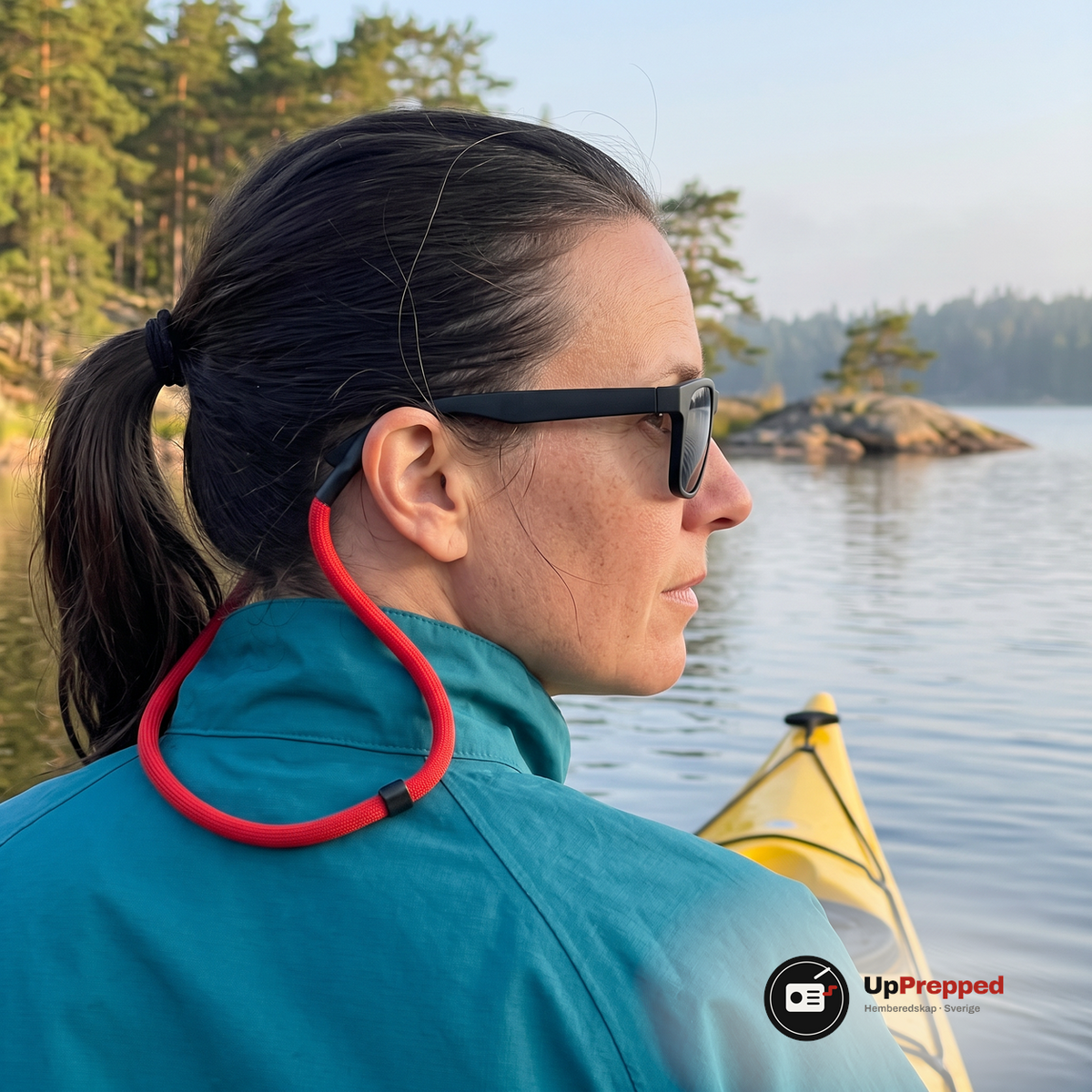 Kvinna i gul havskajak på en lugn sjö med solglasögon och rött flytband runt nacken