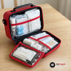 Öppet första hjälpen-kit med genomskinliga fickor, röda resårband och bandage, på ett ekbord