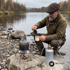 Man i oliv jacka häller upp kaffe vid en flodstrand med gasbrännaren, en kastrull och gaspatronen på en sten
