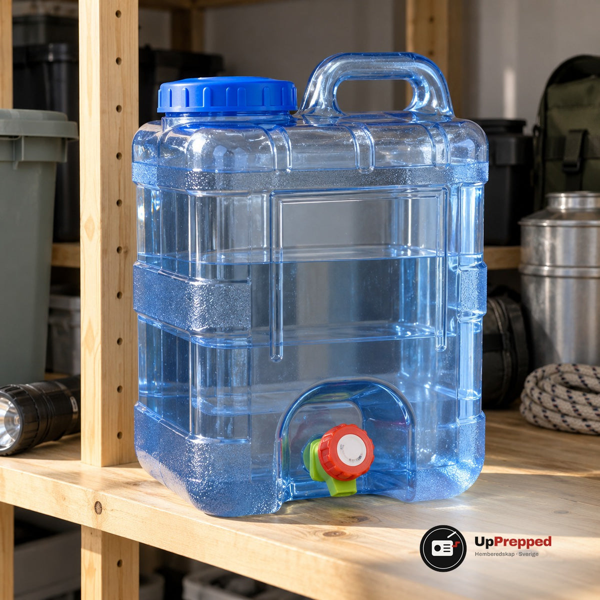 Vattendunk 20 liter med kran, ljusblå genomskinlig dunk med blått handtag