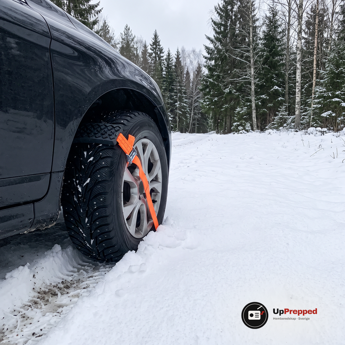 Framhjulet på en mörk bil på en snöig skogsväg med en hjulbrodd och orange rem fäst på däcket