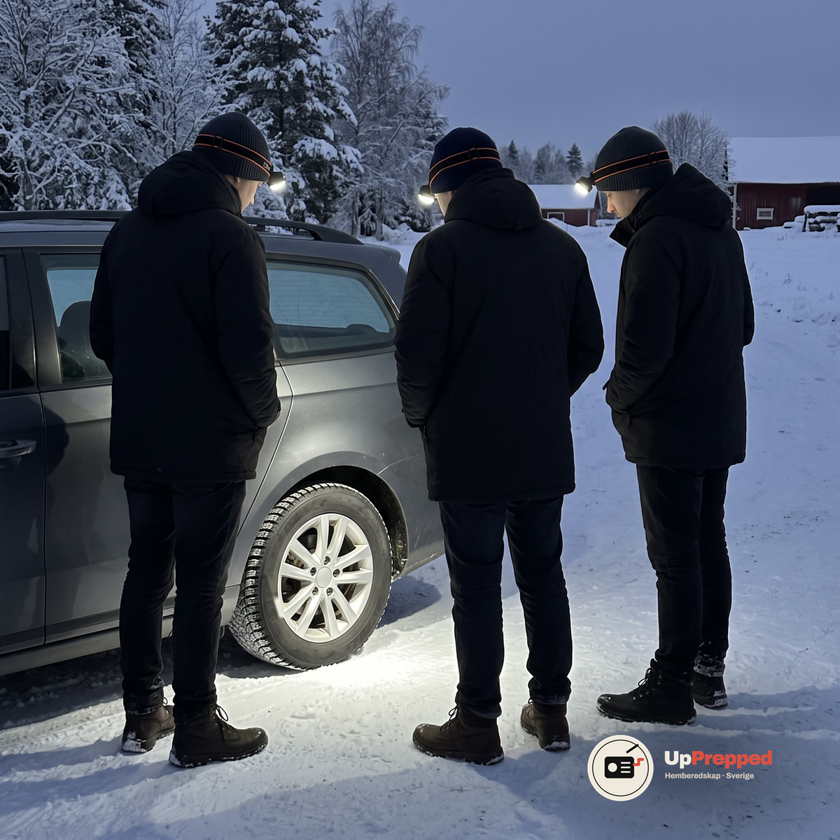 Tre personer med tända pannlampor på mössorna står vid bakhjulet på en bil en natt på en snöig gårdsplan