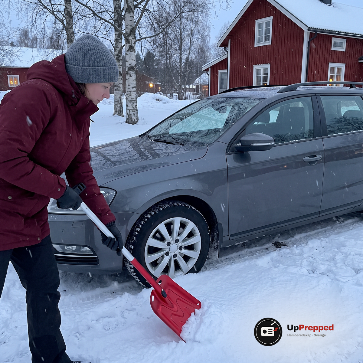 Kvinna i röd jacka skyfflar bort snö framför framhjulet på en bil med en röd teleskopisk snöskyffel