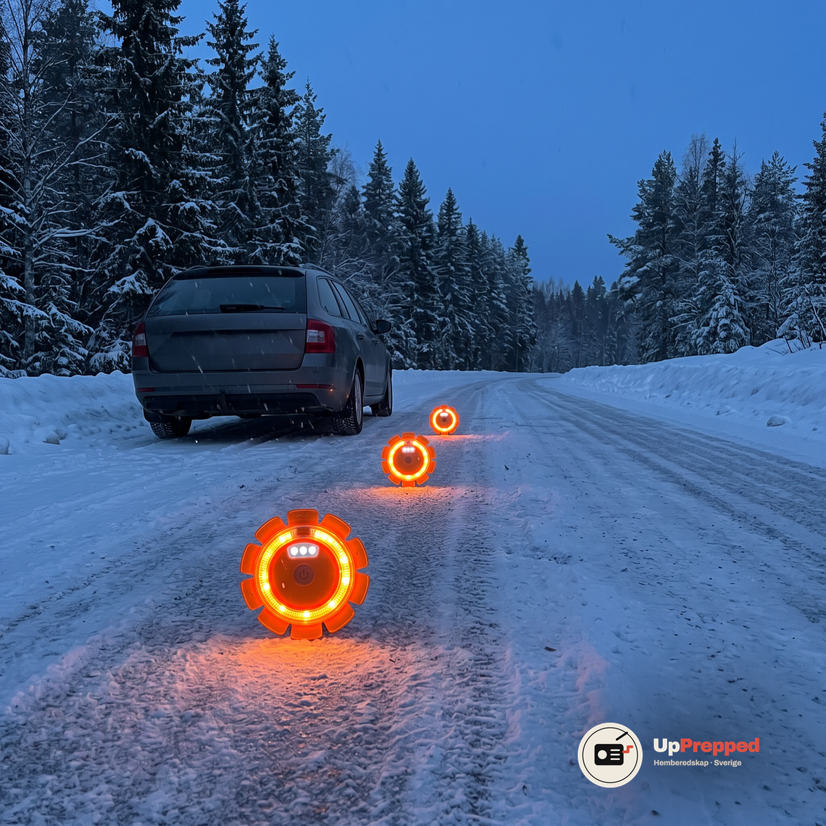 Tre orange LED varningsljus står på en snöig landsväg bakom en bil i skymningen
