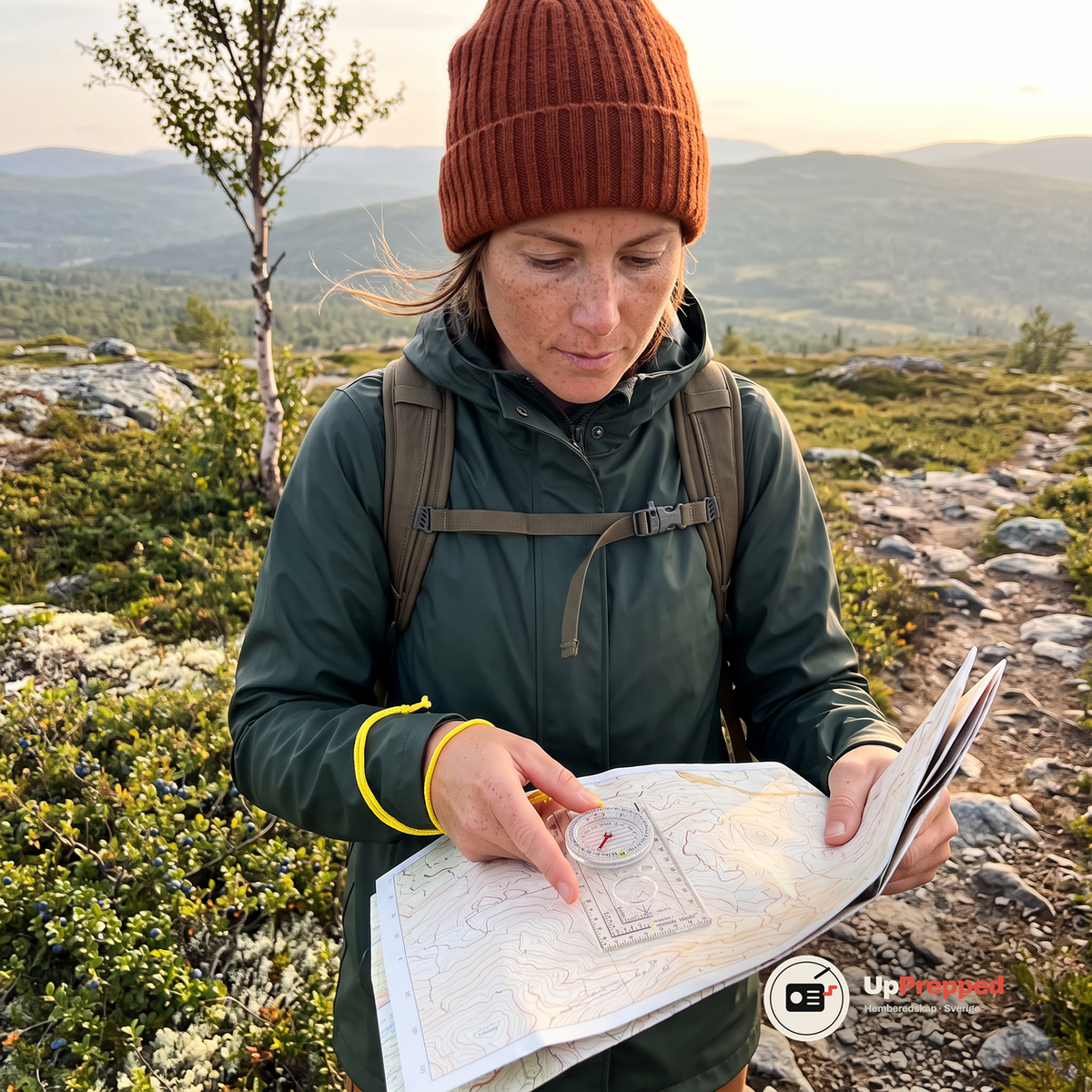 Kvinna lägger kartkompassen på en papperskarta på en bergsrygg i kvällssol