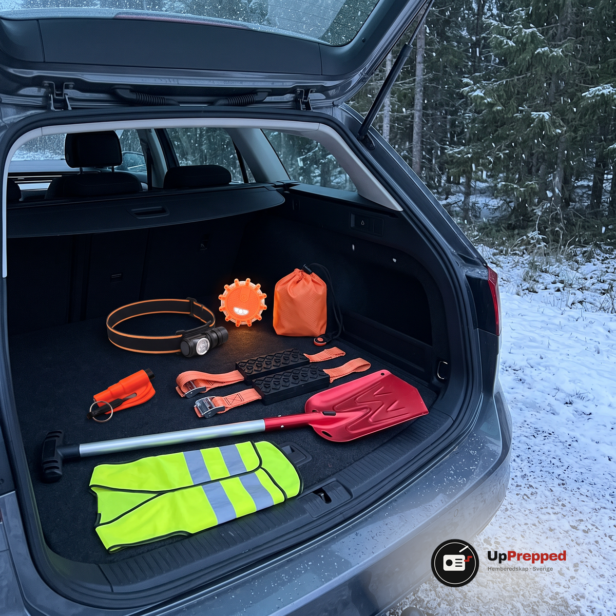 Nödpaketets delar utlagda i det öppna bagageutrymmet på en kombi vid en snöig skogsväg