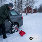 Man i grön jacka skyfflar bort snö vid bakhjulet på en bil med en röd teleskopisk snöskyffel