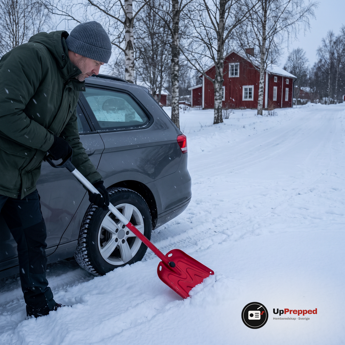 Man i grön jacka skyfflar bort snö vid bakhjulet på en bil med en röd teleskopisk snöskyffel