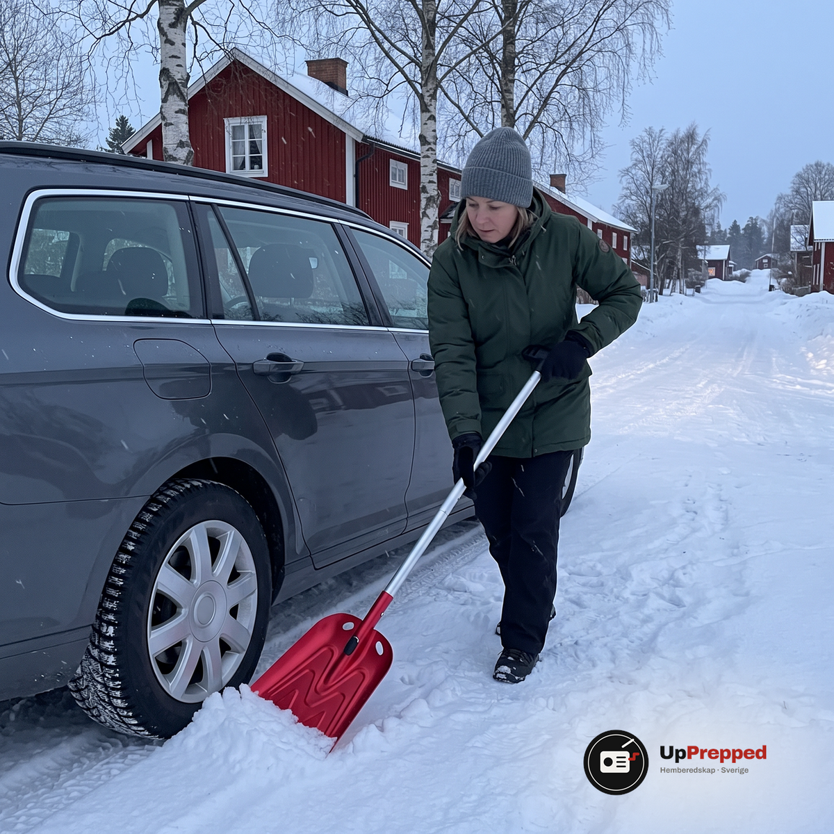 Kvinna i grön jacka skyfflar bort snö vid bakhjulet på en bil med en röd teleskopisk snöskyffel