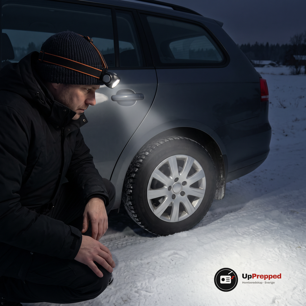 Man med tänd pannlampa på mössan hukar vid bakhjulet på en bil en natt på en snöig landsväg