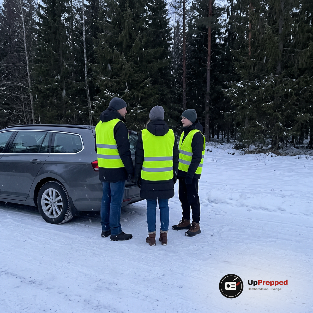 Tre personer i gula reflexvästar står bredvid en parkerad bil på en snöig landsväg i skymningen