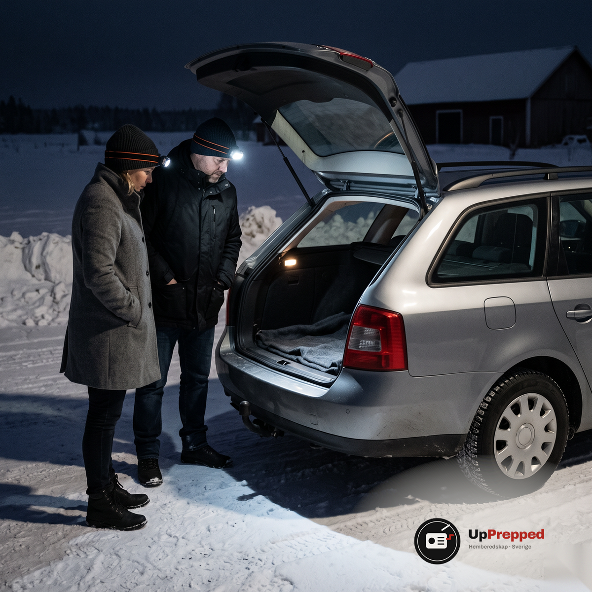 Man och kvinna med tända pannlampor på mössorna tittar in i det tomma bagageutrymmet på en kombi en natt på en snöig väg